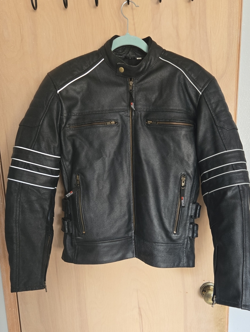 Men's Black Leather Motorcycle Jacket with Reflective Stripes
